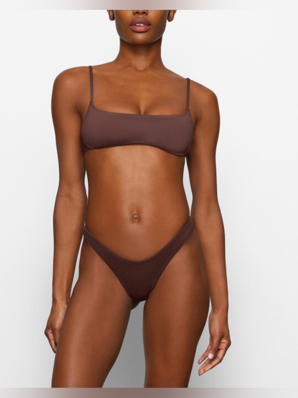 SKIMS 
Signature Swim Micro Scoop Bikini Top
And  Bottoms Dippy Tie cocoa. NWT